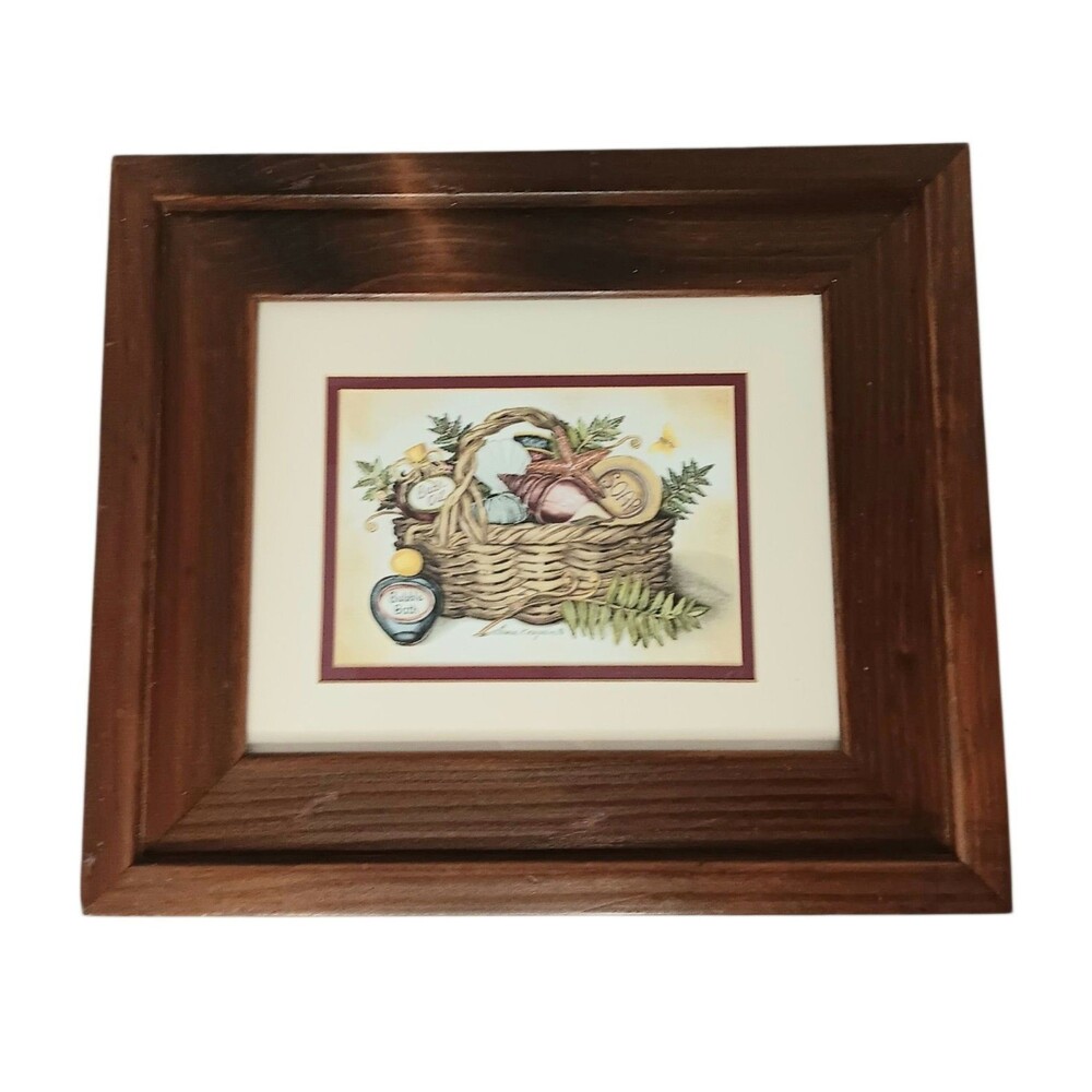 Vintage Laurie Korsgaden Bath Gift Basket Print #1 Matted Brown Wood Frame 14x12